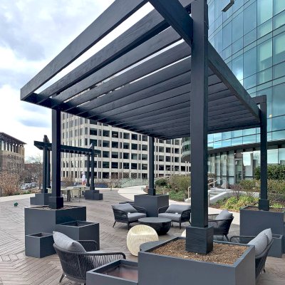 Custom L.A. Modern Pergola (Options: 26' L x 15' W and 22' L x 12' W, Douglas-fir, No Rain Guard, 10 ft Post Height, 2 Electrical Wiring Trims, 4-Post Anchor Kit for High-Wind, No Ceiling Fan Base, Black Stain Premium Sealant).