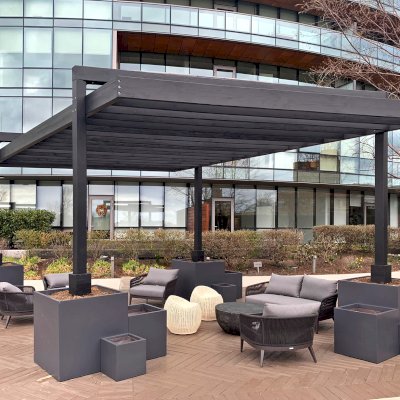Custom L.A. Modern Pergola (Options: 26' L, 15' W, Douglas-fir, No Rain Guard, 10 ft Post Height, 2 Electrical Wiring Trims, 4-Post Anchor Kit for High-Wind, No Ceiling Fan Base, Black Stain Premium Sealant).