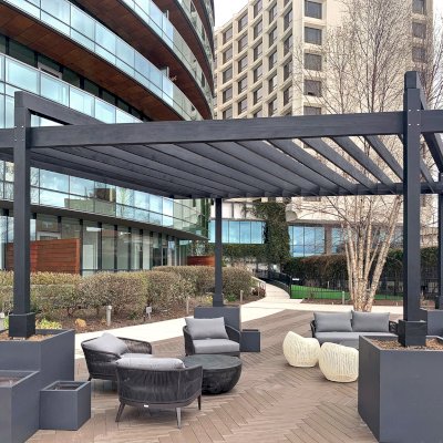 Custom L.A. Modern Pergola (Options: 26' L, 15' W, Douglas-fir, No Rain Guard, 10 ft Post Height, 2 Electrical Wiring Trims, 4-Post Anchor Kit for High-Wind, No Ceiling Fan Base, Black Stain Premium Sealant).