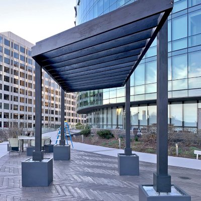 Custom L.A. Modern Pergola (Options: 22' L, 12' W, Douglas-fir, No Rain Guard, 10 ft Post Height, 2 Electrical Wiring Trims, 4-Post Anchor Kit for High-Wind, No Ceiling Fan Base, Black Stain Premium Sealant).