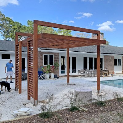 L.A. Modern Pergola (Options: 16' L, 12' W, California Redwood, No Rain Guard, 11.5 ft Post Height, 1 Electrical Wiring Trim, 4-Post Anchor Kit for High-Wind, 1 Ceiling Fan Base, No Retractable Shade Canopy, Transparent Premium Sealant).