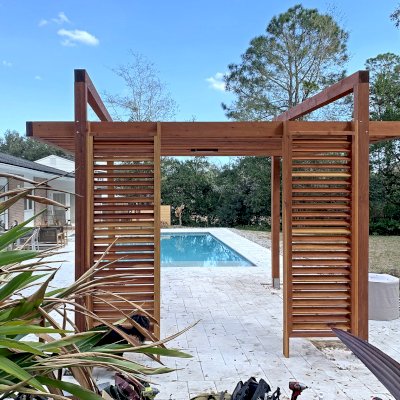 L.A. Modern Pergola (Options: 16' L, 12' W, California Redwood, No Rain Guard, 11.5 ft Post Height, 1 Electrical Wiring Trim, 4-Post Anchor Kit for High-Wind, 1 Ceiling Fan Base, No Retractable Shade Canopy, Transparent Premium Sealant).