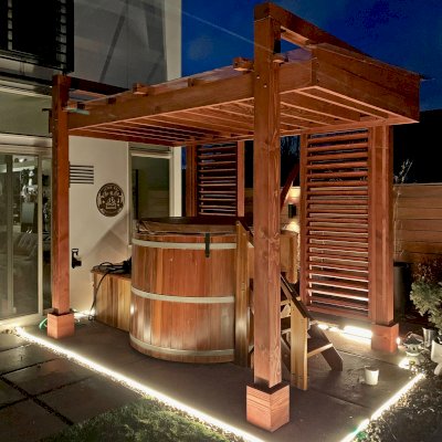 L.A. Modern Pergola (Options: 12' L, 7' W, Douglas-fir, with Rain Guard, 9 ft Post Height, 4 Electrical Wiring Trims, 4-Post Anchor Kit for Concrete, No Ceiling Fan Base, No Retractable Shade Canopy, Cherry Stain Premium Sealant).