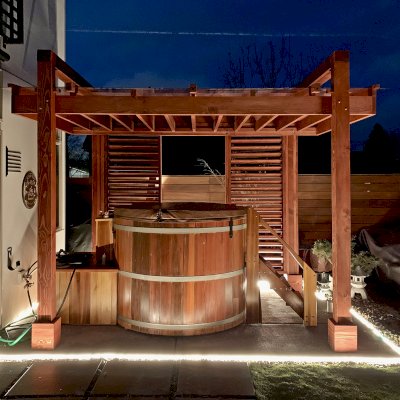 L.A. Modern Pergola (Options: 12' L, 7' W, Douglas-fir, with Rain Guard, 9 ft Post Height, 4 Electrical Wiring Trims, 4-Post Anchor Kit for Concrete, No Ceiling Fan Base, No Retractable Shade Canopy, Cherry Stain Premium Sealant).