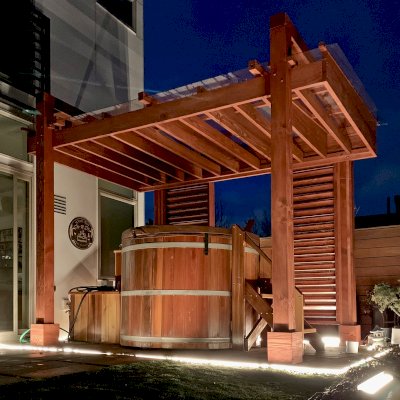 L.A. Modern Pergola (Options: 12' L, 7' W, Douglas-fir, with Rain Guard, 9 ft Post Height, 4 Electrical Wiring Trims, 4-Post Anchor Kit for Concrete, No Ceiling Fan Base, No Retractable Shade Canopy, Cherry Stain Premium Sealant).