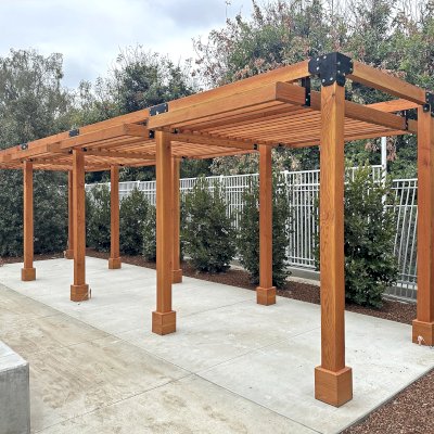 Custom L.A. Modern Pergola (Options: 32' L x 9' W, Douglas-fir, without Rain Guard, 10 ft Post Height, No Electrical Wiring Trim, Post Anchor Kit for Concrete, No Ceiling Fan Base, No Retractable Shade Canopy, Transparent Premium Sealant). Photo Courtesy of J. Kim of Whittier, CA.
