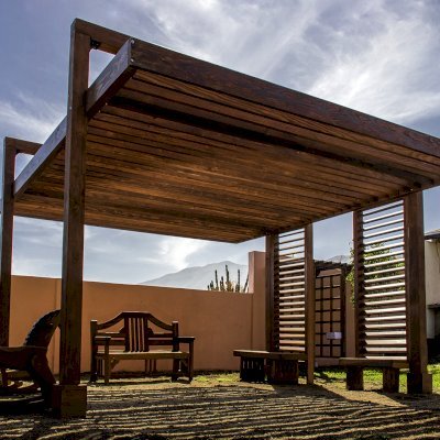 L.A. Modern Pergola (Options: 16' L, 14' W, Douglas-fir, No Rain Guard, 10 ft Post Height, No Electrical Wiring Trim, 4-Post Anchor Kit for High-Wind, No Ceiling Fan Base, No Retractable Shade Canopy, Cherry Stain Premium Sealant).