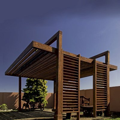 L.A. Modern Pergola (Options: 16' L, 14' W, Douglas-fir, No Rain Guard, 10 ft Post Height, No Electrical Wiring Trim, 4-Post Anchor Kit for High-Wind, No Ceiling Fan Base, No Retractable Shade Canopy, Cherry Stain Premium Sealant).