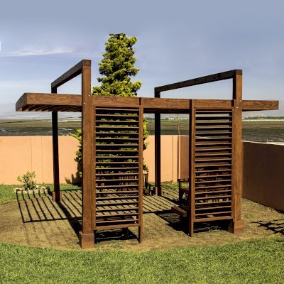 L.A. Modern Pergola (Options: 16' L, 14' W, Douglas-fir, No Rain Guard, 10 ft Post Height, No Electrical Wiring Trim, 4-Post Anchor Kit for High-Wind, No Ceiling Fan Base, No Retractable Shade Canopy, Cherry Stain Premium Sealant).