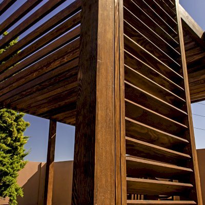 L.A. Modern Pergola (Options: 16' L, 14' W, Douglas-fir, No Rain Guard, 10 ft Post Height, No Electrical Wiring Trim, 4-Post Anchor Kit for High-Wind, No Ceiling Fan Base, No Retractable Shade Canopy, Cherry Stain Premium Sealant).
