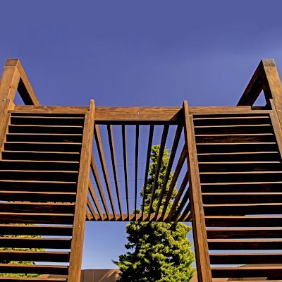 L.A. Modern Pergola (Options: 16' L, 14' W, Douglas-fir, No Rain Guard, 10 ft Post Height, No Electrical Wiring Trim, 4-Post Anchor Kit for High-Wind, No Ceiling Fan Base, No Retractable Shade Canopy, Cherry Stain Premium Sealant).