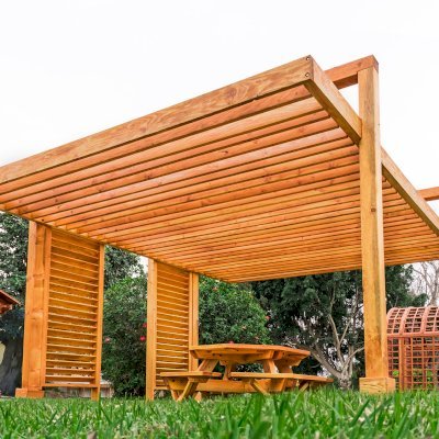 L.A. Modern Pergola (Options: 16' L, 14' W, Douglas-fir, No Rain Guard, 10 ft Post Height, No Electrical Wiring Trim, 4-Post Anchor Kit for High-Wind, No Ceiling Fan Base, No Retractable Shade Canopy, Transparent Premium Sealant).