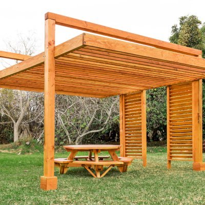 L.A. Modern Pergola (Options: 16' L, 14' W, Douglas-fir, No Rain Guard, 10 ft Post Height, No Electrical Wiring Trim, 4-Post Anchor Kit for High-Wind, No Ceiling Fan Base, No Retractable Shade Canopy, Transparent Premium Sealant).