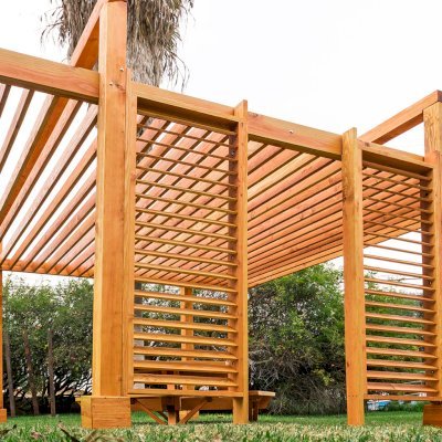 L.A. Modern Pergola (Options: 16' L, 14' W, Douglas-fir, No Rain Guard, 10 ft Post Height, No Electrical Wiring Trim, 4-Post Anchor Kit for High-Wind, No Ceiling Fan Base, No Retractable Shade Canopy, Transparent Premium Sealant).
