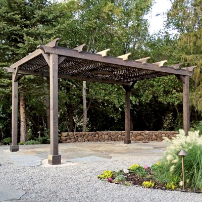 Lattice Pergola Kit (Options: 18' L x 12' W, California Redwood, No Electrical Wiring Trim, Lengthwise Roof Support Timbers, 4-Post Kit for Stone, Brick, or Concrete, 1 Ceiling Fan Base, No Privacy Panels, No Curtain Rods, 9' Post Height, Eco Wood Treatment). Photo Courtesy of B. Savard of San Rafael, California.