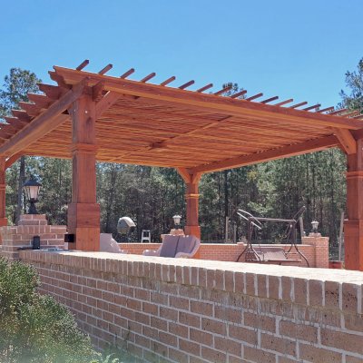 Custom Lattice Pergola Kit (Options: 20' L x 20' W, California Redwood, No Electrical Wiring Trim, Lengthwise Roof Support Timbers, 4-Post Anchor Kit for High-Wind, No ceiling Fan Base, No Privacy Panels, Horizontal Post Decorative Trims, 9.5' Post Height, Transparent Premium Sealant). 2x2 Slats Above Rafters and Extra Tall Boots Added by Custom Request.