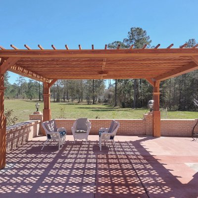 Custom Lattice Pergola Kit (Options: 20' L x 20' W, California Redwood, No Electrical Wiring Trim, Lengthwise Roof Support Timbers, 4-Post Anchor Kit for High-Wind, No ceiling Fan Base, No Privacy Panels, Horizontal Post Decorative Trims, 9.5' Post Height, Transparent Premium Sealant). 2x2 Slats Above Rafters and Extra Tall Boots Added by Custom Request.