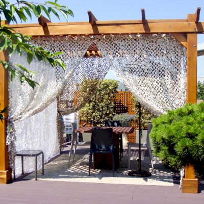 Lattice Pergola Kit (Options: 10' x 10', Mature Redwood, No Electrical Wiring Trim, 4-Post Anchor Kit for Concrete, No Ceiling Fan Base, No Privacy Panels, No Curtain Rods, 9' Post Height, Transparent Premium Sealant).