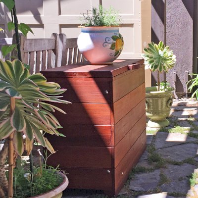 Laurel Storage Bench (Options: 42" L x 12 1/2" W x 30" H, Old-Growth Redwood, No Piston, Standard Seat, with Feet, Transparent Premium Sealant). Photo Courtesy of J. Siino of Kirkland, WA.