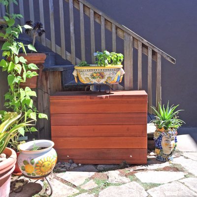 Laurel Storage Bench (Options: 42" L x 12 1/2" W x 30" H, Old-Growth Redwood, No Piston, Standard Seat, with Feet, Transparent Premium Sealant). Photo Courtesy of J. Siino of Kirkland, WA.