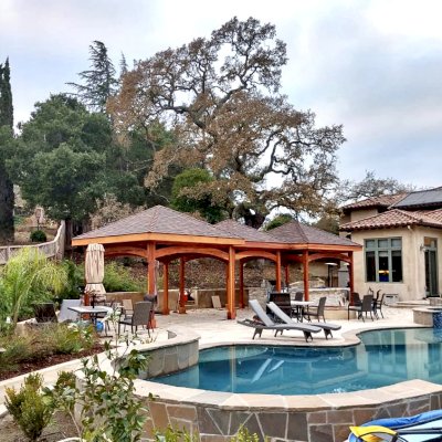 Loreto Pavilions (Options: 14' x 14' & 12' x 12' Sizes, 6x6 Posts, California Redwood, Post Anchor Kit for High-Wind, Transparent Premium Sealant). Photo Courtesy of Jeanie Chong of Los Altos, California.
