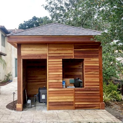 Custom Loreto Pavilion (Options: 16' L x 12' W, 6x6 Posts, California Redwood, Post Anchor Kit for High-Wind, Transparent Premium Sealant, Enclosed by Custom Request). Photo Courtesy of Jeanie Chong of Los Altos, California.