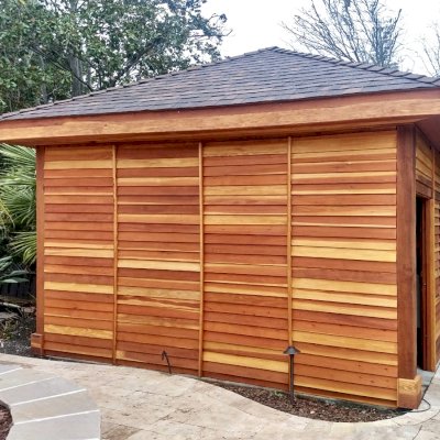 Custom Loreto Pavilion (Options: 16' L x 12' W, 6x6 Posts, California Redwood, Post Anchor Kit for High-Wind, Transparent Premium Sealant, Enclosed by Custom Request). Photo Courtesy of Jeanie Chong of Los Altos, California.