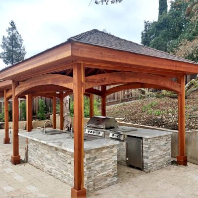 Loreto Pavilions (Options: 14' x 14' & 12' x 12' Sizes, 6x6 Posts, California Redwood, Post Anchor Kit for High-Wind, Transparent Premium Sealant). Photo Courtesy of Jeanie Chong of Los Altos, California.