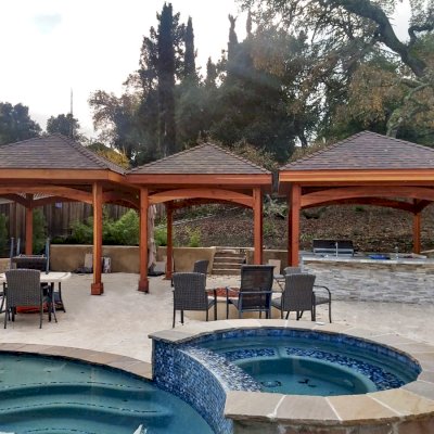 Loreto Pavilions (Options: 14' x 14' & 12' x 12' Sizes, 6x6 Posts, California Redwood, Post Anchor Kit for High-Wind, Transparent Premium Sealant). Photo Courtesy of Jeanie Chong of Los Altos, California.