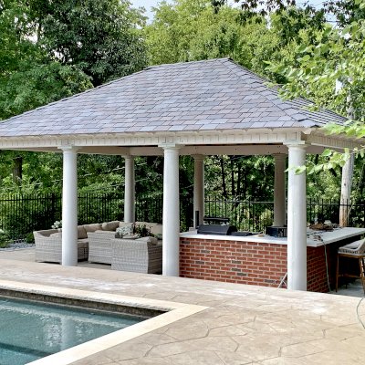 Custom Loreto Pavilion (Options: 26" L x 20" W, Douglas-Fir, 8-Post Anchor Kit for High-Wind, 10 ft Post Height, 2 Ceiling Fan Bases, With Curtain Rods, Decorative Columns From Pacific Columns, Added 2 Coats of Off White Oil Based Primer to All the Timbers But Not to the Interior Ceiling). Photo Courtesy of J. Beck of St. Louis, Missouri.