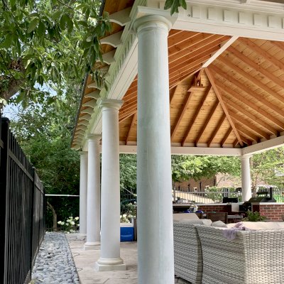 Custom Loreto Pavilion (Options: 26" L x 20" W, Douglas-Fir, 8-Post Anchor Kit for High-Wind, 10 ft Post Height, 2 Ceiling Fan Bases, With Curtain Rods, Decorative Columns From Pacific Columns, Added 2 Coats of Off White Oil Based Primer to All the Timbers But Not to the Interior Ceiling). Photo Courtesy of J. Beck of St. Louis, Missouri.