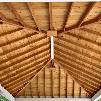 Custom Loreto Pavilion (Options: 26" L x 20" W, Douglas-Fir, 8-Post Anchor Kit for High-Wind, 10 ft Post Height, 2 Ceiling Fan Bases, With Curtain Rods, Decorative Columns From Pacific Columns, Added 2 Coats of Off White Oil Based Primer to All the Timbers But Not to the Interior Ceiling). Photo Courtesy of J. Beck of St. Louis, Missouri.