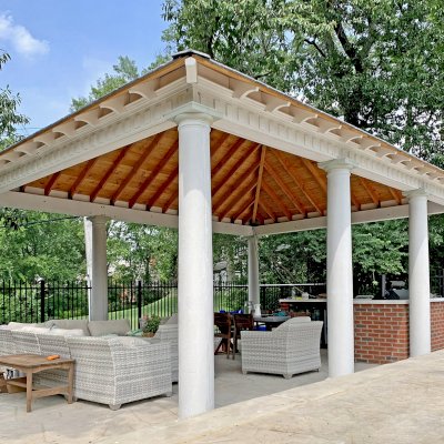 Custom Loreto Pavilion (Options: 26" L x 20" W, Douglas-Fir, 8-Post Anchor Kit for High-Wind, 10 ft Post Height, 2 Ceiling Fan Bases, With Curtain Rods, Decorative Columns From Pacific Columns, Added 2 Coats of Off White Oil Based Primer to All the Timbers But Not to the Interior Ceiling). Photo Courtesy of J. Beck of St. Louis, Missouri.