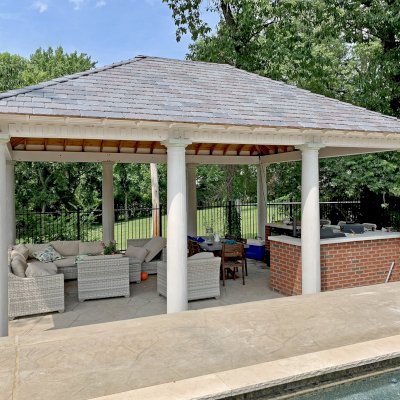 Custom Loreto Pavilion (Options: 26" L x 20" W, Douglas-Fir, 8-Post Anchor Kit for High-Wind, 10 ft Post Height, 2 Ceiling Fan Bases, With Curtain Rods, Decorative Columns From Pacific Columns, Added 2 Coats of Off White Oil Based Primer to All the Timbers But Not to the Interior Ceiling). Photo Courtesy of J. Beck of St. Louis, Missouri.