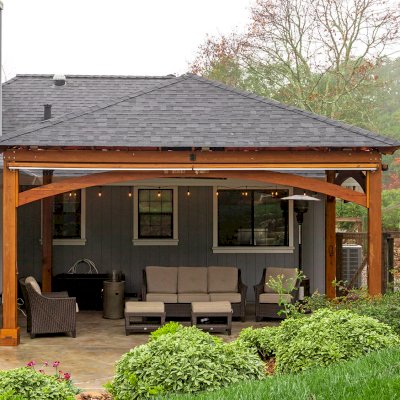 Loreto Pavilion (Options: 24' L x 18' W, 8x8 Posts, No Privacy Panels, California Redwood, 10' H, Electrical Wiring for 1 Post, 4-Post Anchor Kit for Concrete, No Post Decorative Trim, 1 Ceiling Fan Base, 2 Curtain Rods, Transparent Premium Sealant). Photo Courtesy of J. McLauglin of Santa Rosa, California.