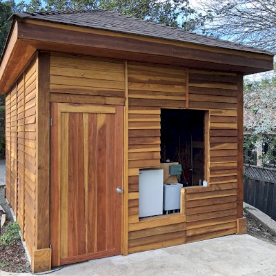 Custom Loreto Pavilion (Options: 16' L x 12' W, 6x6 Posts, California Redwood, Post Anchor Kit for High-Wind, Transparent Premium Sealant, Enclosed by Custom Request). Photo Courtesy of Jeanie Chong of Los Altos, California.