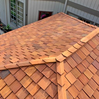 Loreto Pavilion (Options: 20' L x 14' W, 8x8 Posts, No Privacy Panels, Douglas-fir, 9.5' H, No Electrical Wiring Trim, 4-Post Anchor Kit for High-Wind, No Post Decorative Trim, No Ceiling Fan Base, No Curtain Rods, Transparent Premium Sealant, with Redwood Shingles by Custom Request). Photo Courtesy of M. Singh of Redmond, Washington.