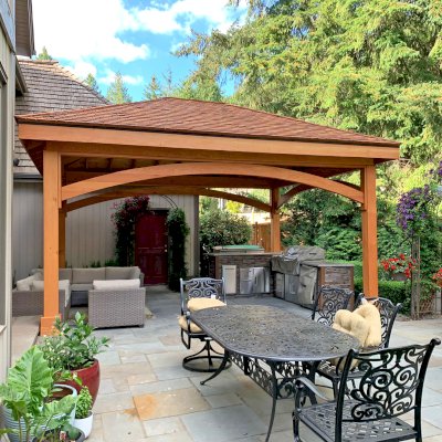 Loreto Pavilion (Options: 20' L x 14' W, 8x8 Posts, No Privacy Panels, Douglas-fir, 9.5' H, No Electrical Wiring Trim, 4-Post Anchor Kit for High-Wind, No Post Decorative Trim, No Ceiling Fan Base, No Curtain Rods, Transparent Premium Sealant, with Redwood Shingles by Custom Request). Photo Courtesy of M. Singh of Redmond, Washington.
