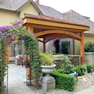 Loreto Pavilion (Options: 20' L x 14' W, 8x8 Posts, No Privacy Panels, Douglas-fir, 9.5' H, No Electrical Wiring Trim, 4-Post Anchor Kit for High-Wind, No Post Decorative Trim, No Ceiling Fan Base, No Curtain Rods, Transparent Premium Sealant, with Redwood Shingles by Custom Request). Photo Courtesy of M. Singh of Redmond, Washington.