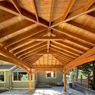 Loreto Pavilion (Options: 24' L x 16' W, 8x8 Posts, No Privacy Panels, Douglas-fir, 9.5' H, No Electrical Wiring Trims, 4-Post Anchor Kit for High-Wind, No Post Decorative Trims, No Ceiling Fan Base, No Curtain Rods, Transparent Premium Sealant). Photo Courtesy of M. Mistlin of Woodinville, WA.