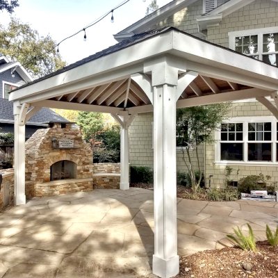 Custom Loreto Pavilion (Options: 21' L x 14' W, 8x8 Posts, No Privacy Panels, Douglas-fir, 10' H, 2 Electrical Wiring Trims, 4-Post Anchor Kit for Concrete, Vertical Post Decorative Trims, No Ceiling Fan Base, No Curtain Rods, Off-White Oil-Based Primer -  Customer Requested Internal Tongue & Groove Ceiling Left in Natural Wood Finish). Photo Courtesy of S. Olson of Danville, California.