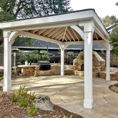 Custom Loreto Pavilion (Options: 21' L x 14' W, 8x8 Posts, No Privacy Panels, Douglas-fir, 10' H, 2 Electrical Wiring Trims, 4-Post Anchor Kit for Concrete, Vertical Post Decorative Trims, No Ceiling Fan Base, No Curtain Rods, Off-White Oil-Based Primer -  Customer Requested Internal Tongue & Groove Ceiling Left in Natural Wood Finish). Photo Courtesy of S. Olson of Danville, California.