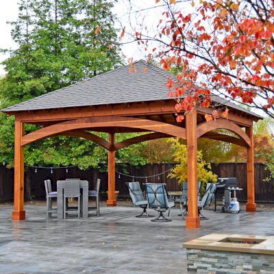 Loreto Pavilion (Options: 20' L x 20' W, 8x8 Posts, No Privacy Panels, California Redwood, 10' H Posts, Electrical Wiring for 2 Posts, 4-Post Anchor Kit for High-Wind, No Post Decorative Trim, 1 Ceiling Fan Base, No Curtain Rods, Transparent Premium Sealant). Photo Courtesy of G. Arruda of Livermore, California.