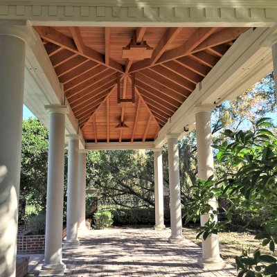 Custom Loreto Pavilion (Options: 32" L x 12" W, Douglas-Fir, 8-Post Anchor Kit for High-Wind, 10 ft Post Height, 3 Ceiling Fan Base, With Curtain Rods, Decorative Columns Provided by Client [ from Pacific Columns], Added 2 Coats of Off White Oil Based Primer to All the Timbers But Not to the Interior Ceiling). Photo Courtesy: B. Joyce of Tampa, FL.