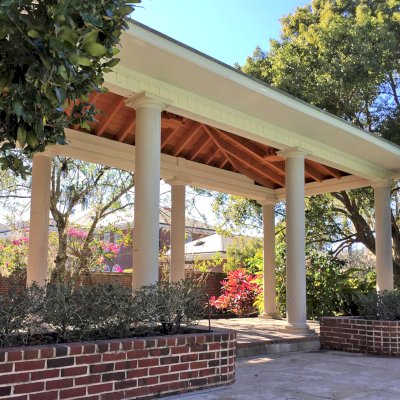 Custom Loreto Pavilion (Options: 32" L x 12" W, Douglas-Fir, 8-Post Anchor Kit for High-Wind, 10 ft Post Height, 3 Ceiling Fan Base, With Curtain Rods, Decorative Columns Provided by Client [ from Pacific Columns], Added 2 Coats of Off White Oil Based Primer to All the Timbers But Not to the Interior Ceiling). Photo Courtesy: B. Joyce of Tampa, FL.