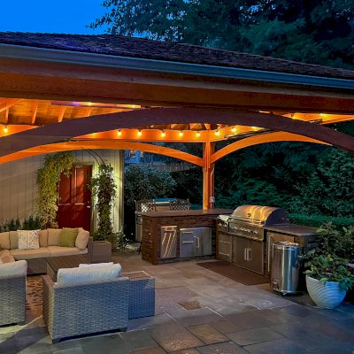 Loreto Pavilion (Options: 20' L x 14' W, 8x8 Posts, No Privacy Panels, Douglas-fir, 9.5' H, No Electrical Wiring Trim, 4-Post Anchor Kit for High-Wind, No Post Decorative Trim, No Ceiling Fan Base, No Curtain Rods, Transparent Premium Sealant, with Redwood Shingles by Custom Request). Photo Courtesy of M. Singh of Redmond, Washington.