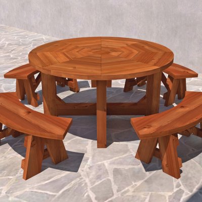 Rendering Shows 5' Diameter Table (Rounded Design) with 4 Arc Benches in California Redwood.