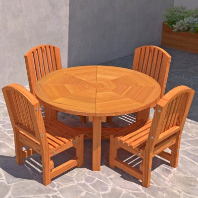 Rendering Shows 5' Diameter Table (Rounded Design) with 4 Luna Armless Chairs in Douglas-Fir.