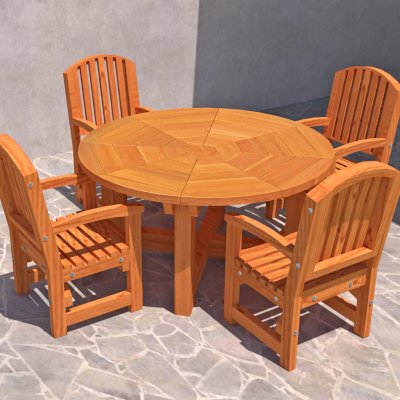 Rendering Shows 5' Diameter Table (Rounded Design) with 4 Luna Arm Chairs in Douglas-Fir.