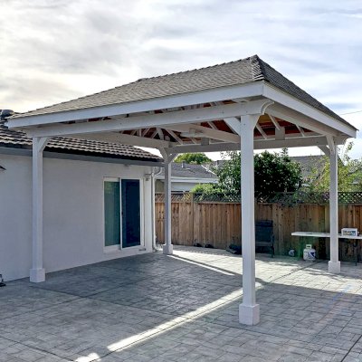 Custom Mia's Pavilion (Options: 18' L x 18' W, No Privacy Panels, California Redwood, 9.5' H, No Electrical Wiring Trim, 4-Post Anchor Kit for High-Wind, No Post Decorative Trim, No Ceiling Fan Base, Roof without Cupola by Custom Request, White Paint).
